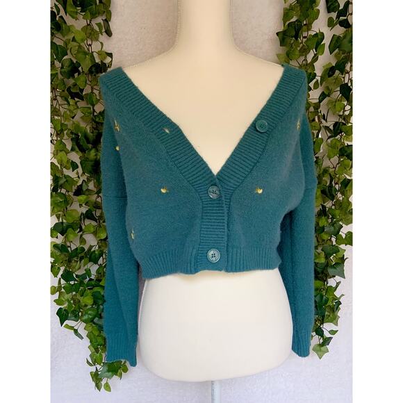 Witty Fox Blue and yellow Floral Button Up Cropped Sweater Cardigan Women’s XS - Picture 2 of 9